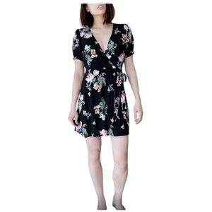 Sweet Floral Mini Wrap Dress BLACK